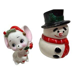 Vintage Ceramic Christmas Snowman & Mouse Miniature Figurines Holiday Decor
